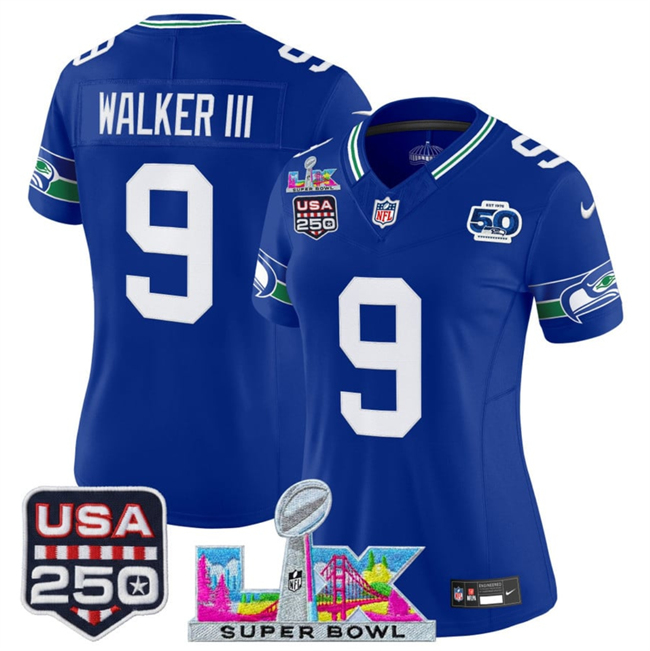 Women's Seattle Seahawks #9 Kenneth Walker III Royal 2025 F.U.S.E. Super Bowl LX Patch And 50th Season & USA 250' Patch Vapor Throwback Limited Stitched Football Jersey(Run Small)